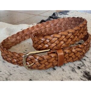 Garnet Hill Leather Braided Belt Brown Brass Large Up to 40" Waist Made in Italy